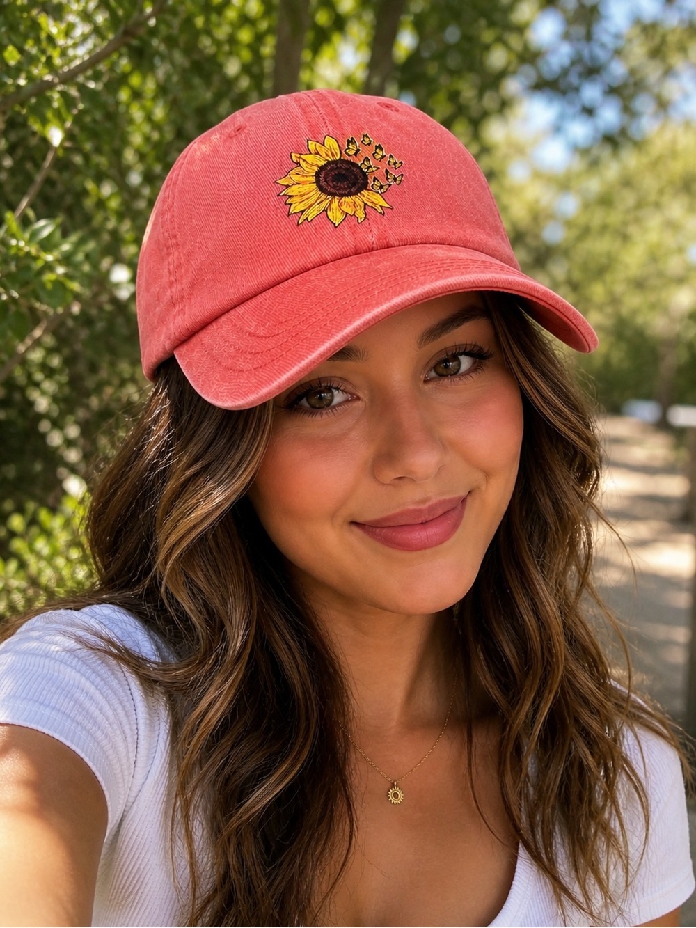 Sunflower Embroidered Coral Baseball Cap